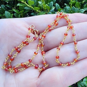 Carnelian Beaded Gemstone Necklace Gold, 16 Inch Necklace, Layering Necklace, Dainty Orange Gemstone Choker Necklace, Pretty Orange Necklace