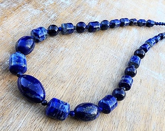 Lapis Lazuli Gemstone Choker Necklace Sterling Silver, Pretty Blue Necklace, Denim Blue Necklace, 16 Inch Necklace, Beaded Blue Necklace