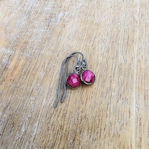 Ruby Gemstone Earrings Oxidized Sterling Silver, Small Round Dainty Pink Gemstone Dangle Earrings, Minimalist Earrings, July Birthstone