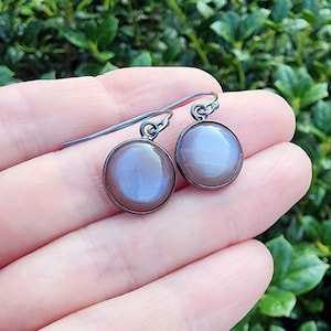 Chocolate Moonstone Earrings Oxidized Sterling Silver, Round Gemstone Earrings, Small Moonstone Dangle Earrings, Pretty Brown Earrings
