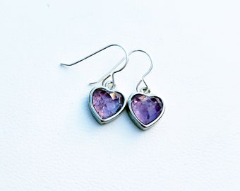 Ametrine Gemstone Dangle Earrings Sterling Silver, Small Heart Gemstone Earrings, Light Purple Heart Earrings, Valentines Heart Jewelry