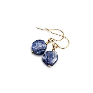 Blue Kyanite Gemstone Dangle Earrings Gold, Pretty Blue Earrings, One Inch Earrings, Blue Kyanite Jewelry, Small Blue Luminous Earrings
