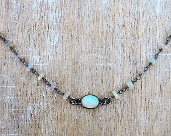 Ethiopian Welo Opal Choker Necklace, Oxidized Sterling Silver Gemstone Necklace, 16 Inch Necklace, Dainty Flashy Opal Rondelle Necklace