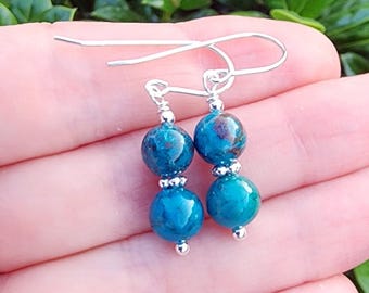 Chrysocolla Gemstone Dangle Earrings Sterling Silver, Small Dainty Round Green Gemstone Earrings, Stacked Earrings, Chrysocolla Jewelry