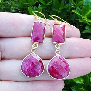Ruby Gemstone Dangle Earrings Gold, Ruby Teardrop Earrings, Dark Pink Earrings, Pretty Pink Earrings, Two Stone Earrings, July Birthstone
