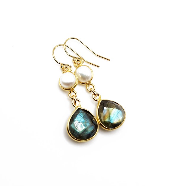 Labradorite Bead Drape Earrings with Rectangle Back Gold-plated Sterling Silver Labradorite Bead Drape Earrings with Rectangle Back Gold-plated Sterling Silver