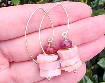 Pink Sapphire Gemstone Earrings Gold, Pink Opal Gemstone Earrings, Light Pink Dangle Earrings, Pretty Pink Earrings, September Birthstone