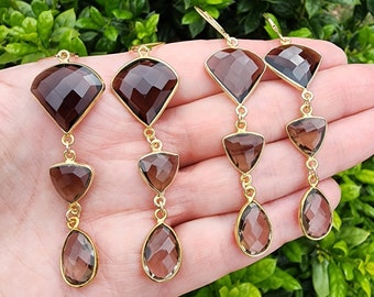 Smoky Quartz Gemstone Earrings Gold, Long Brown Earrings, Lever Back Earrings, Statement Earrings, Smoky Quartz Jewelry, Three Inch Earrings