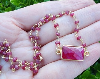 Ruby Gemstone Choker Necklace Gold, Rectangle Pink Ruby Gemstone Pendant, Dainty Pink Gemstone Necklace, Layering Necklace, 17 Inch Necklace