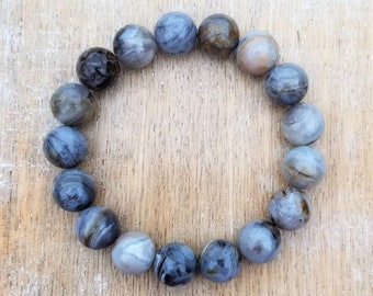 Silver Needle Agate Gemstone Bracelet, 12mm Gemstone Bracelet, Chunky Bracelet, Light Gray Beaded Bracelet, Stretchy Stacking Bracelet