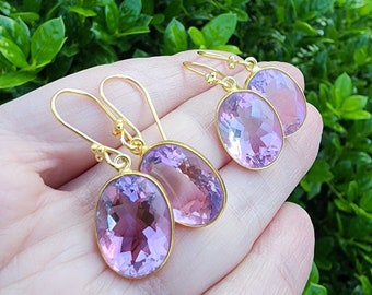 Pink Hydro Quartz Crystal Earrings Gold, Pastel Color Earrings, Pretty Pink and Purple Oval Shape Dangle Earrings, Spring Summer Earrings