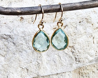 Aquamarine Blue Quartz Gemstone Earrings Gold, Small Light Blue Teardrop Gemstone Dangle Earrings, Dainty Beautiful Blue Gemstone Earrings