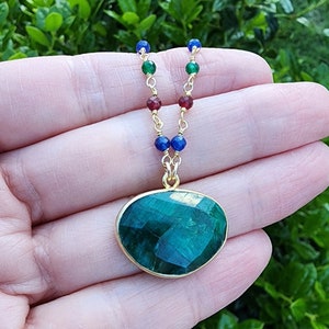 Emerald Gemstone Pendant Necklace, Ruby Emerald Sapphire Mixed Gemstone Necklace Gold, 18 Inch Necklace, July Birthstone, May Birthstone