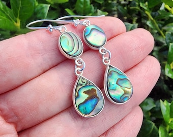 Abalone Shell Dangle Earrings Sterling Silver, Abalone Jewelry, Beachy Earrings, Ocean Earrings, Pretty Blue Green Dangle Teardrop Earrings