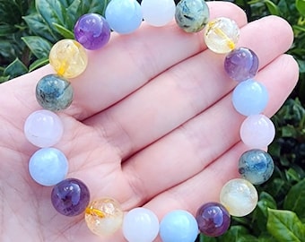 Colorful Mixed Gemstone Beaded Bracelet, Aquamarine, Citrine, Rose Quartz, Amethyst, Prehnite, 10mm Stretchy Bracelet, Stacking Bracelets