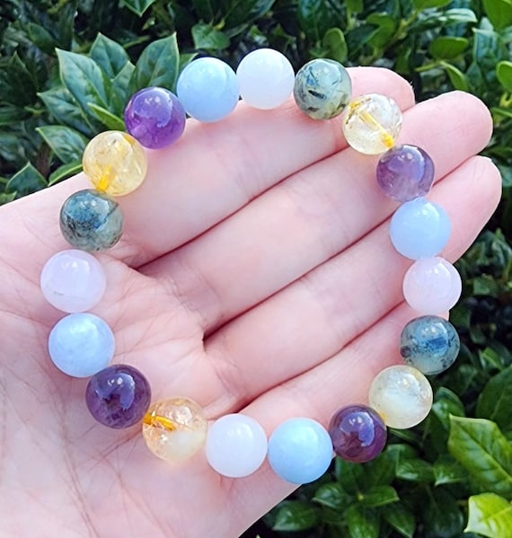 Colorful Mixed Gemstone Beaded Bracelet, Aquamarine, Citrine, Rose