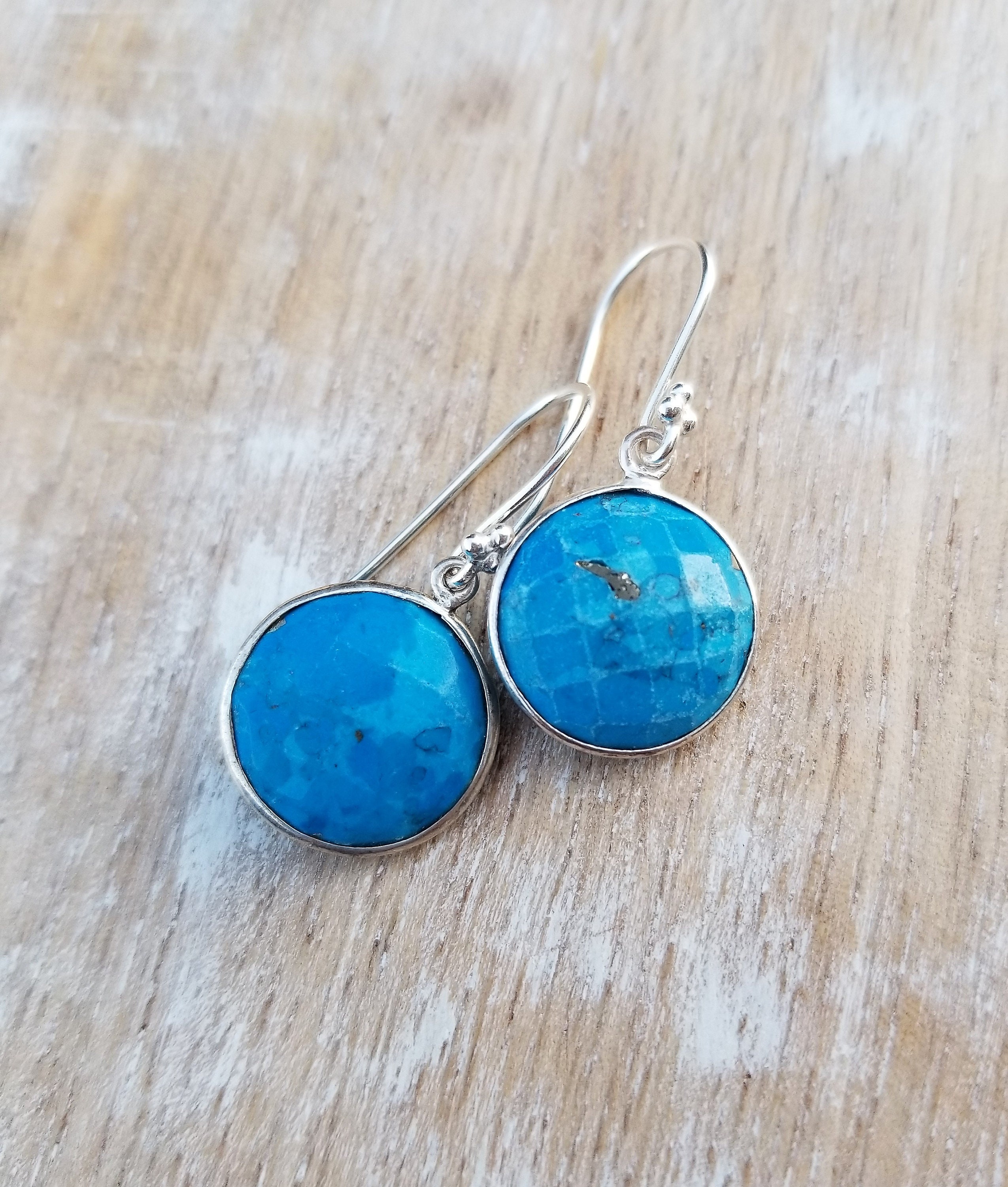 Blue Turquoise Earrings Sterling Silver Round Gemstone | Etsy