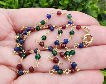 Ruby Emerald Sapphire Gemstone Choker Necklace Gold, Colorful Pink Green Blue Gemstone Necklace, 16 Inch Necklace, July and May Birthstone