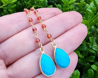 Turquoise Gemstone Earrings Gold, Carnelian Gemstone Earrings, Long Blue and Orange Gemstone Earrings, Teardrop Earrings, Colorful Earrings