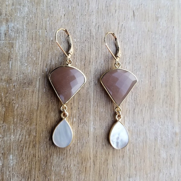 Peach Moonstone Gemstone Earrings Gold, Lever Back Earrings, 2 Inch Earrings, Teardrop Earrings, Mother of Pearl Earrings, Fall Earrings
