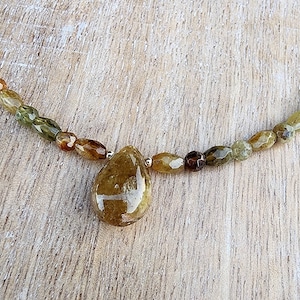 Green Garnet Gemstone Necklace Gold, Green Gemstone Teardrop Pendant, Pretty Green Necklace, January Birthstone, Green and Gold Choker