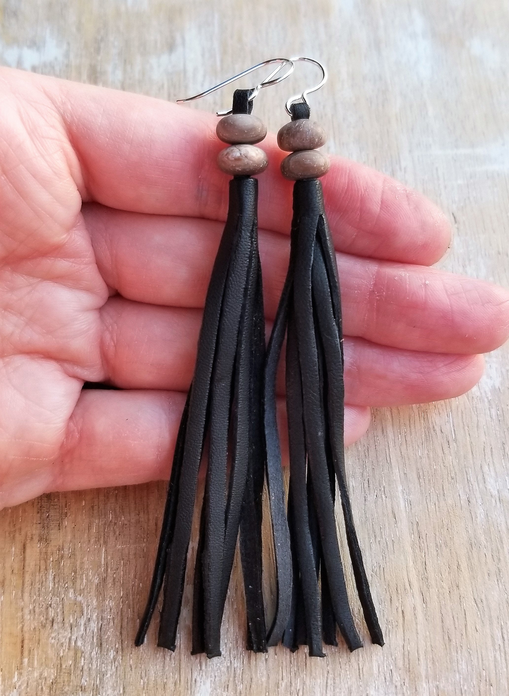 Long Leather Tassel Earrings Leather Fringe Earring Wood | Etsy