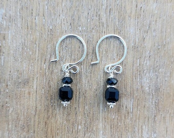 Black Tourmaline Gemstone Earrings Sterling Silver, Tiny Black Gemstone Dangle Earrings, Gemstone Cube Earrings, Everyday Earrings