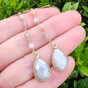 Light Gray Moonstone Gemstone Dangle Earrings Gold, Teardrop Gemstone Earrings, Shimmery Gray Earrings, Moonstone Jewelry, June Birthstone