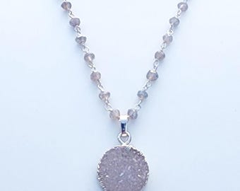 Small Round Gray Druzy Gemstone Pendant Necklace Sterling Silver, Labradorite Gemstone Beaded 18 Inch Necklace, Mystic Coated Labradorite