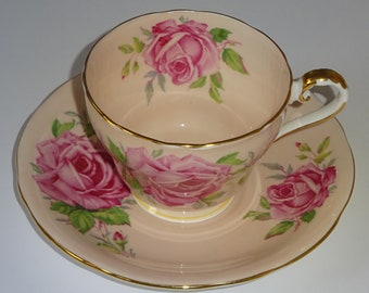 WOW Pink Cabbage Roses on Pink Tea Cup and Saucer by Aynsley