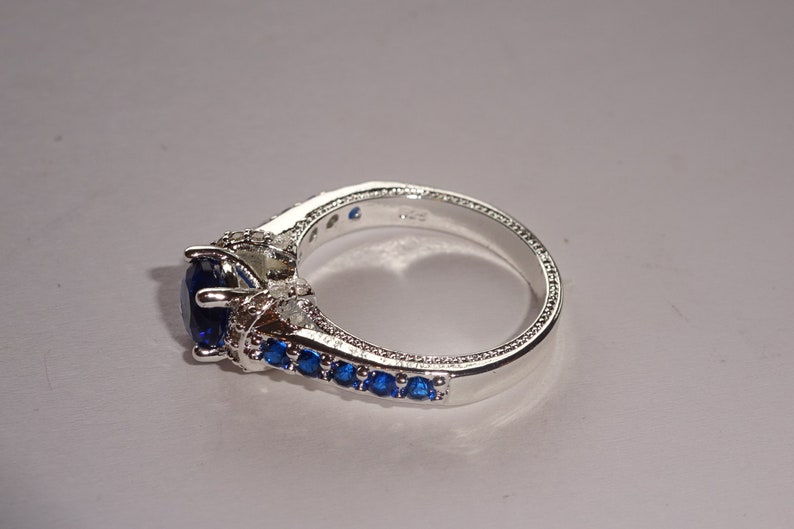 Size 6 Deep Blue Sapphire And Cubic Zirconia Sterling Silver Ring