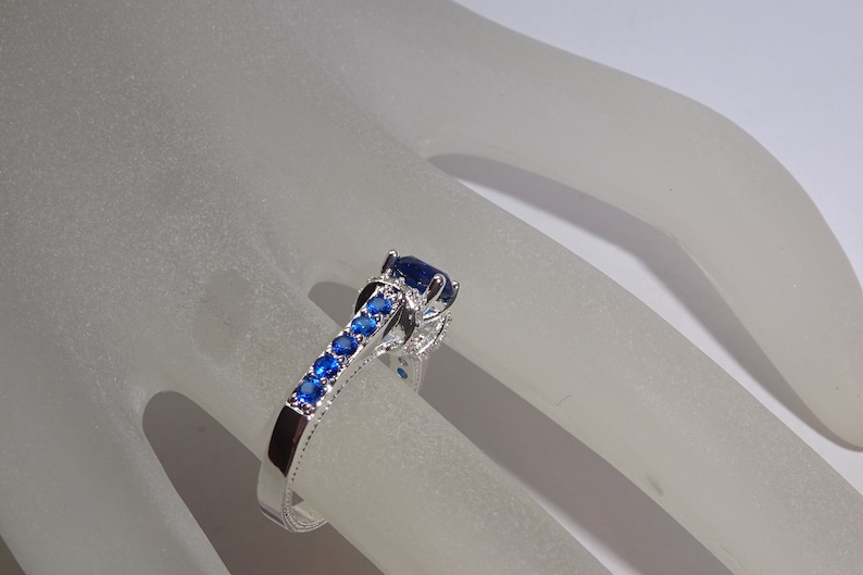 Size 6 Deep Blue Sapphire And Cubic Zirconia Sterling Silver Ring