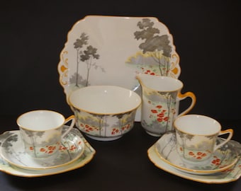 Juego de té Art Déco dórico con árboles y flores de Shelley/Wileman n.° 11769