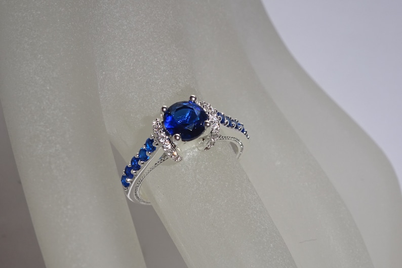 Size 6 Deep Blue Sapphire And Cubic Zirconia Sterling Silver Ring