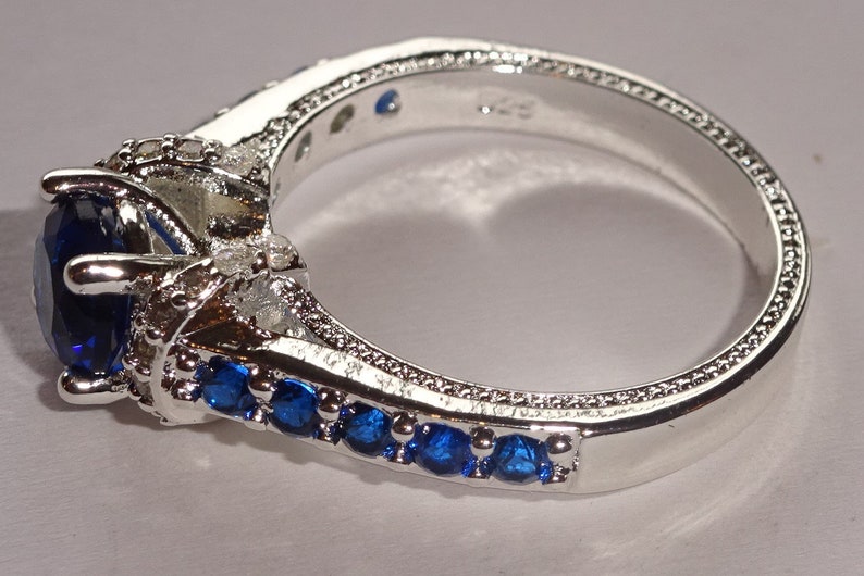 Size 6 Deep Blue Sapphire And Cubic Zirconia Sterling Silver Ring