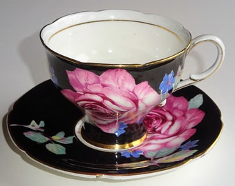 VERY RARE DW Paragon Large Cabbage Rose And Black Demitasse Tea Cup And Saucer