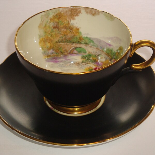 RARE Shelley England HEATHER Satin Matt Black Finish Tea Cup and Saucer - Henley Shape