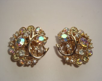 Vintage AB Aurora Borealis Rhinestone Clip Earrings