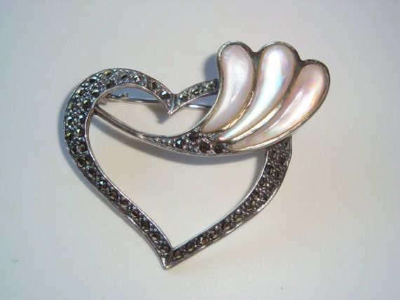 Antique Sterling - Marcasite - Mother of Pearl Hea