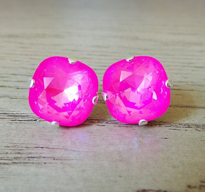 Hot Pink Stud Earrings Swarovski Crystal Hot Pink 12mm Etsy