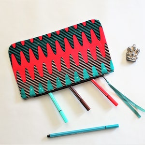 Red case, makeup pouch, pencil case, ethnic purse, geometric pattern, bag pouch, makeup bag, toilet case, green pouch, waves, accessory