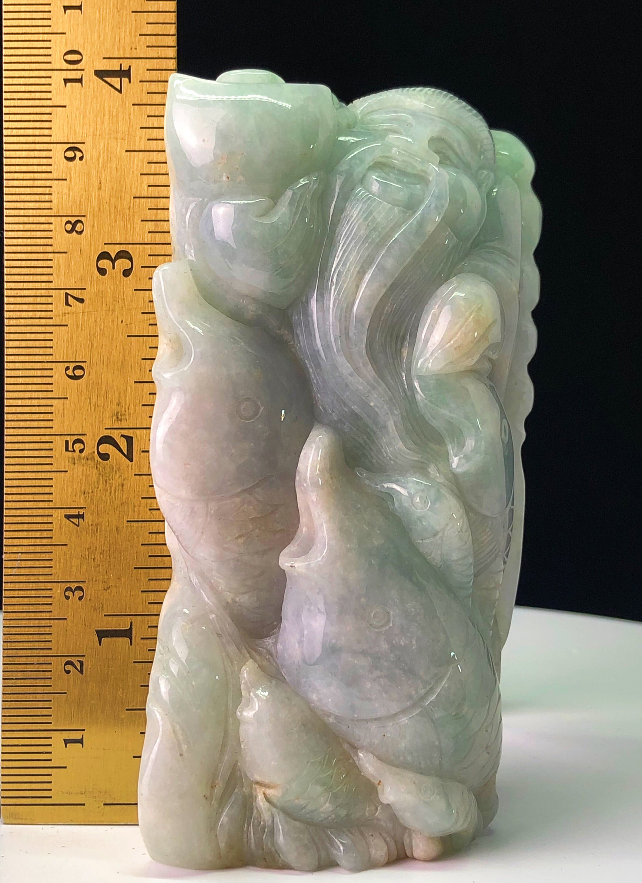 Hand Carved Natural Burmese Jadeite Jade With Longevity, Buddha, Gold Ingot, Bird, Fish. Natural