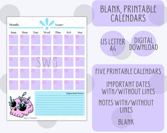 Pink Skull Blank Printable Calendar Bundle, Instant Downloadable Calendar US Letter and A4