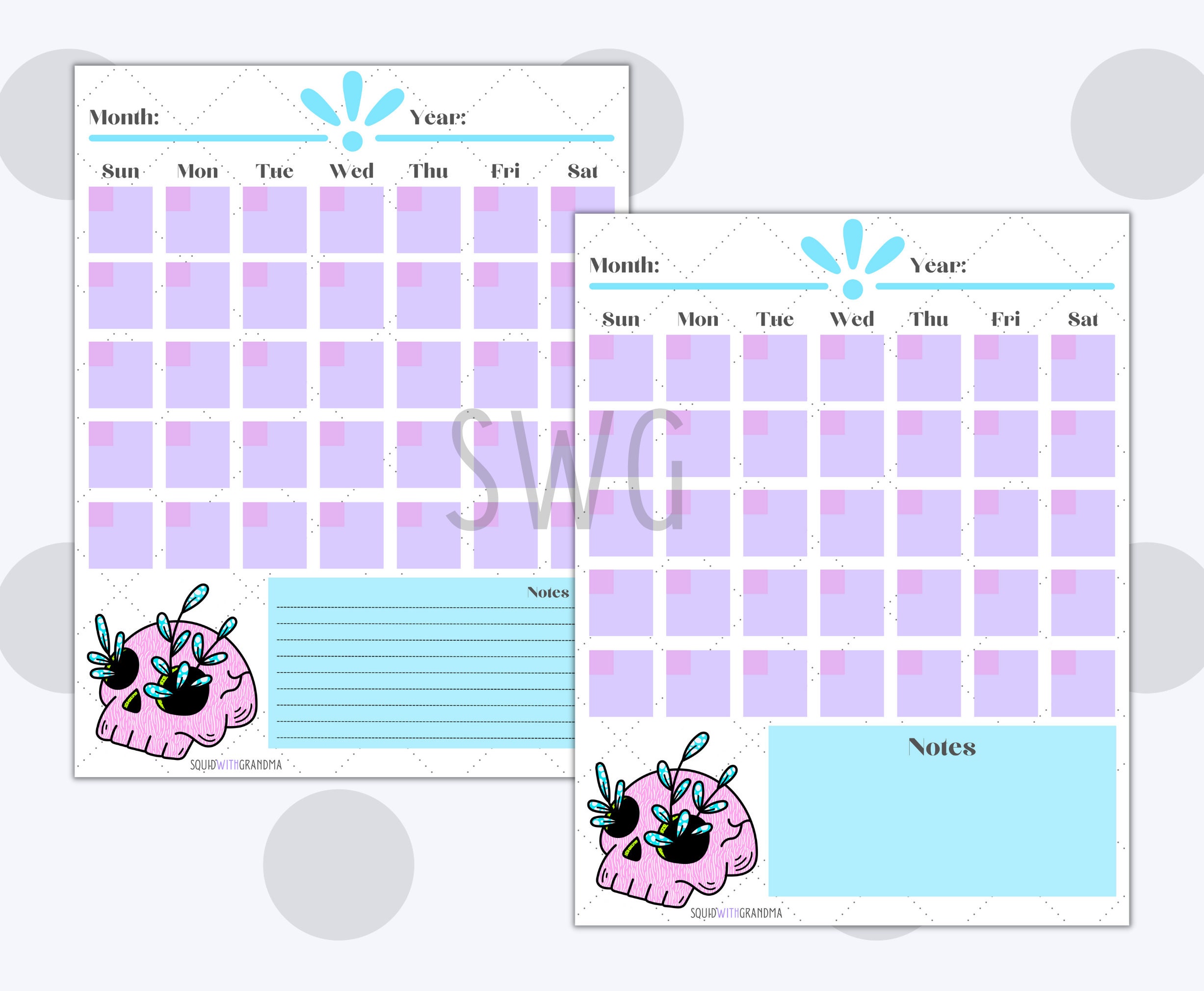 Pink Skull Blank Printable Calendar Bundle, Instant Downloadable ...