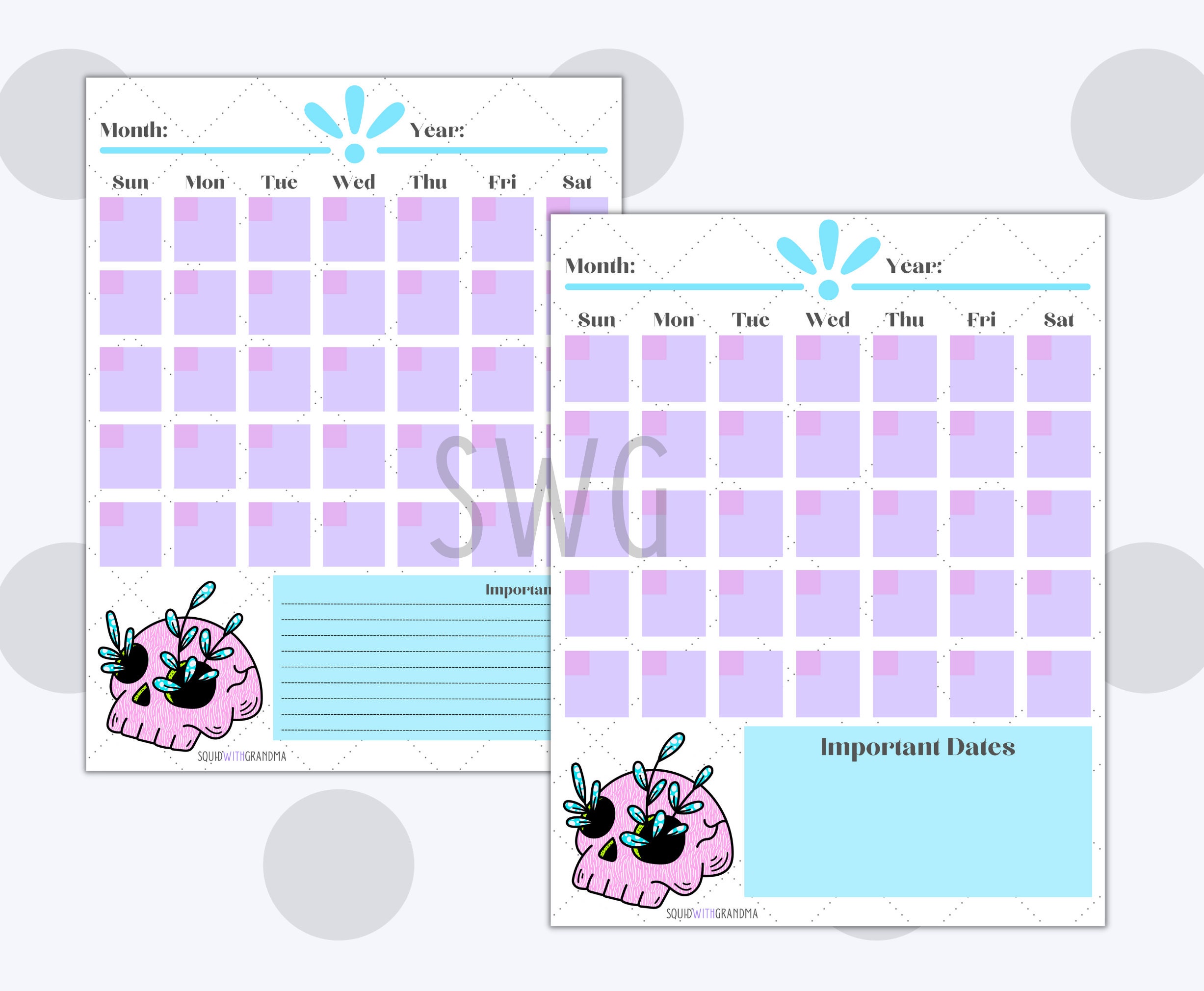 Pink Skull Blank Printable Calendar Bundle, Instant Downloadable ...