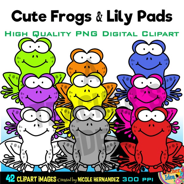 Cute Frogs and Lily Pads, Png Clipart, Digital Clipart for Commercial Use