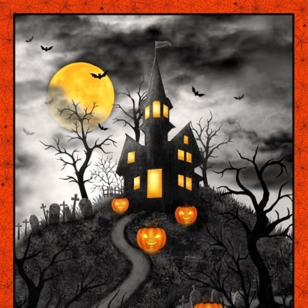 Trick or Treat Haunted House fabric panel - Michael Miller -DCX10337- Gray - quilt fabric, Halloween fabric panel, haunted house fabric