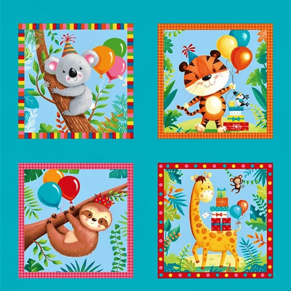 Party Animals multi box fabric panel - Henry Glass & Co. - 883-17 - quilting fabric, jungle animal fabric panel, baby quilt top panel