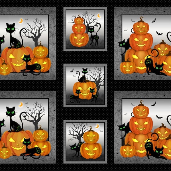 Halloween fabric, Trick or treat black cat and jack-o-lantern fabric panel, cotton fabric, quilting fabric, 24" long by 44" wide