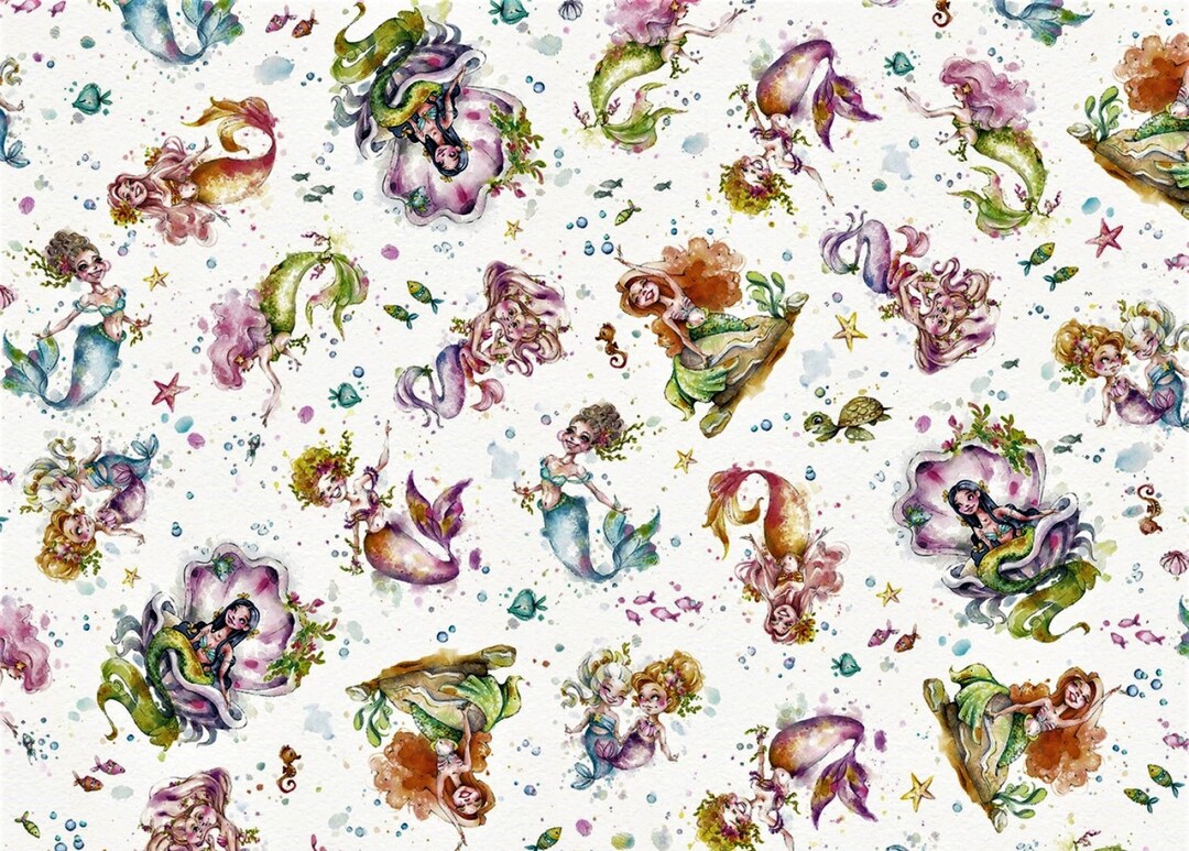 Enchanted Seas Mermaid Tossed Mermaids Print Fabric P&B Textiles ESEA04398-MU Quilt Fabric ...